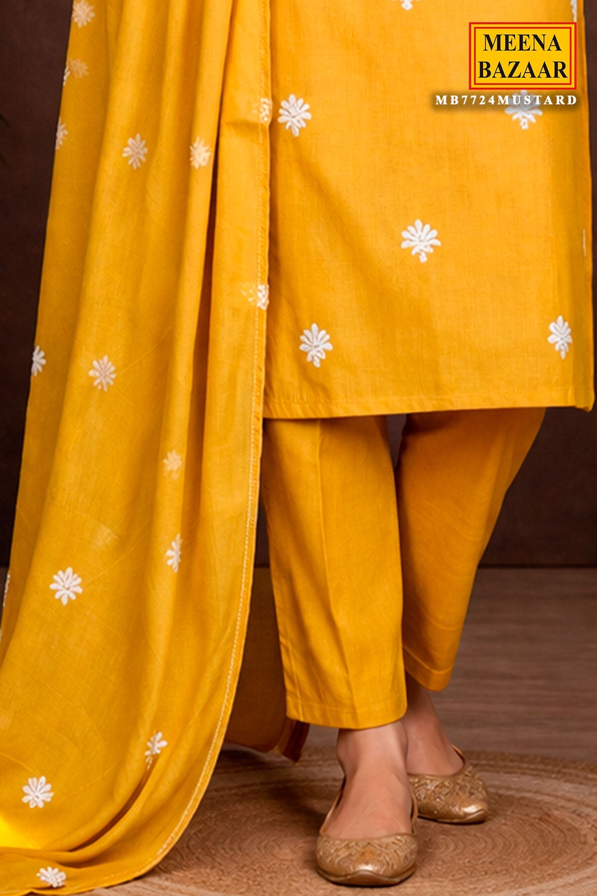 Mustard Cotton Ready-Made Suit with Elegant Neck Embroidery