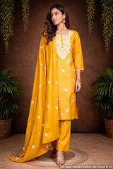 Mustard Cotton Ready-Made Suit with Elegant Neck Embroidery