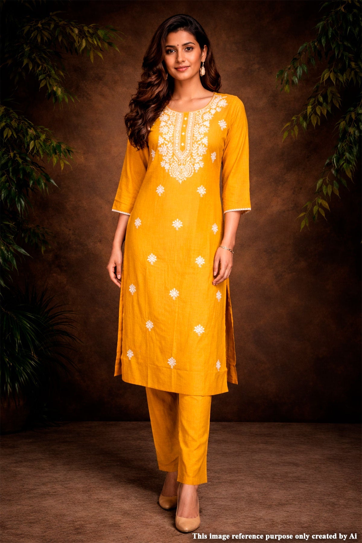 Mustard Cotton Ready-Made Suit with Elegant Neck Embroidery