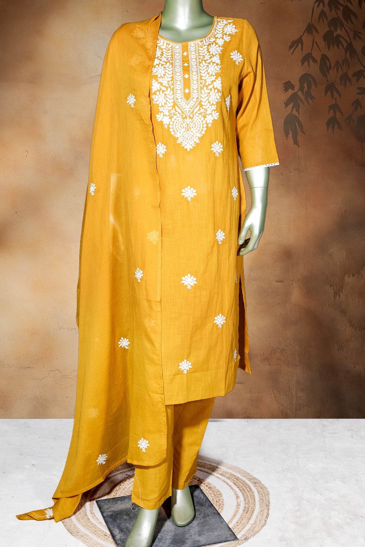 Mustard Cotton Ready-Made Suit with Elegant Neck Embroidery