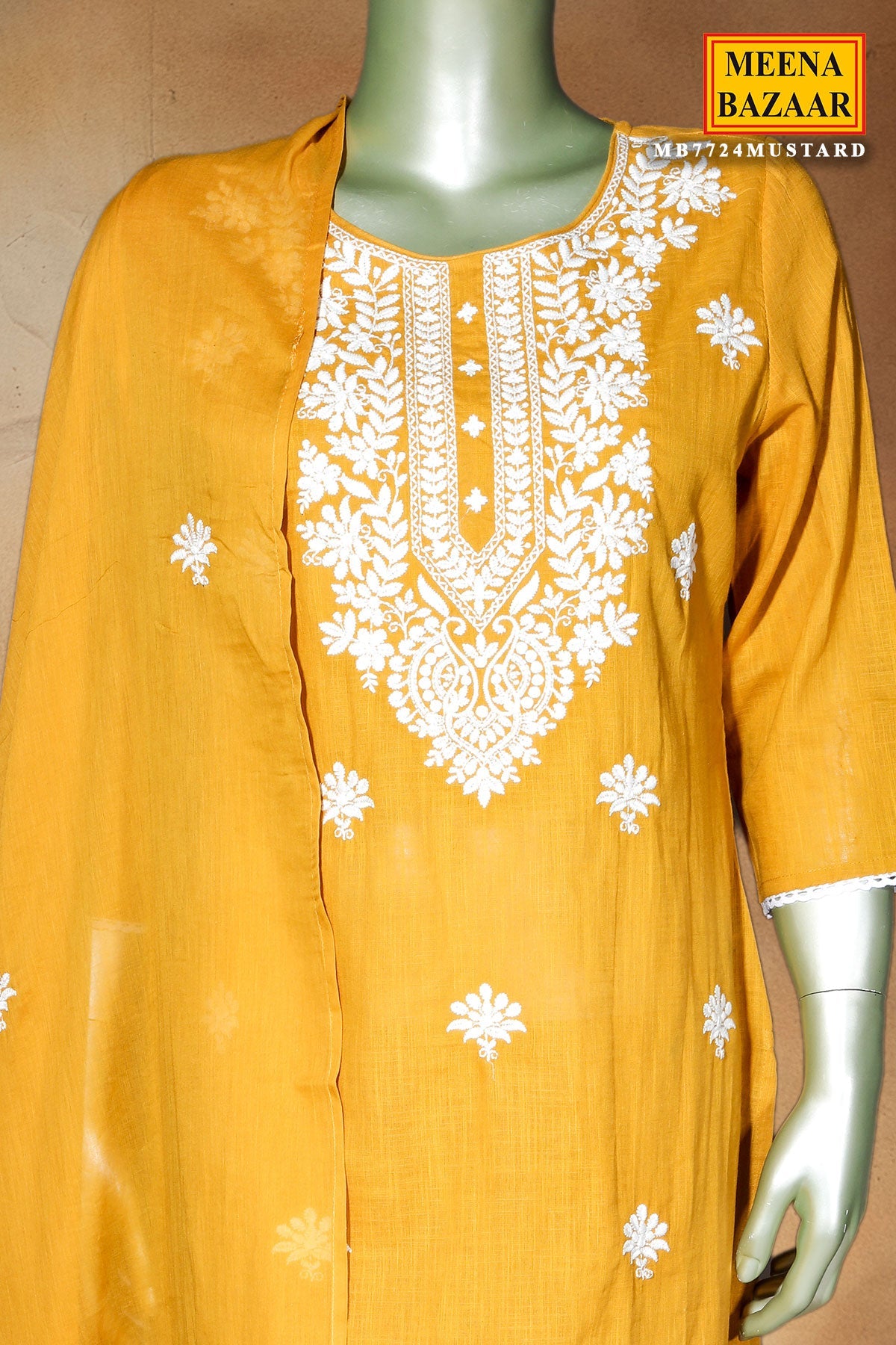 Mustard Cotton Ready-Made Suit with Elegant Neck Embroidery