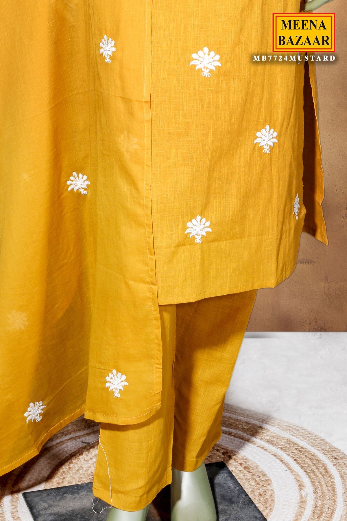 Mustard Cotton Ready-Made Suit with Elegant Neck Embroidery