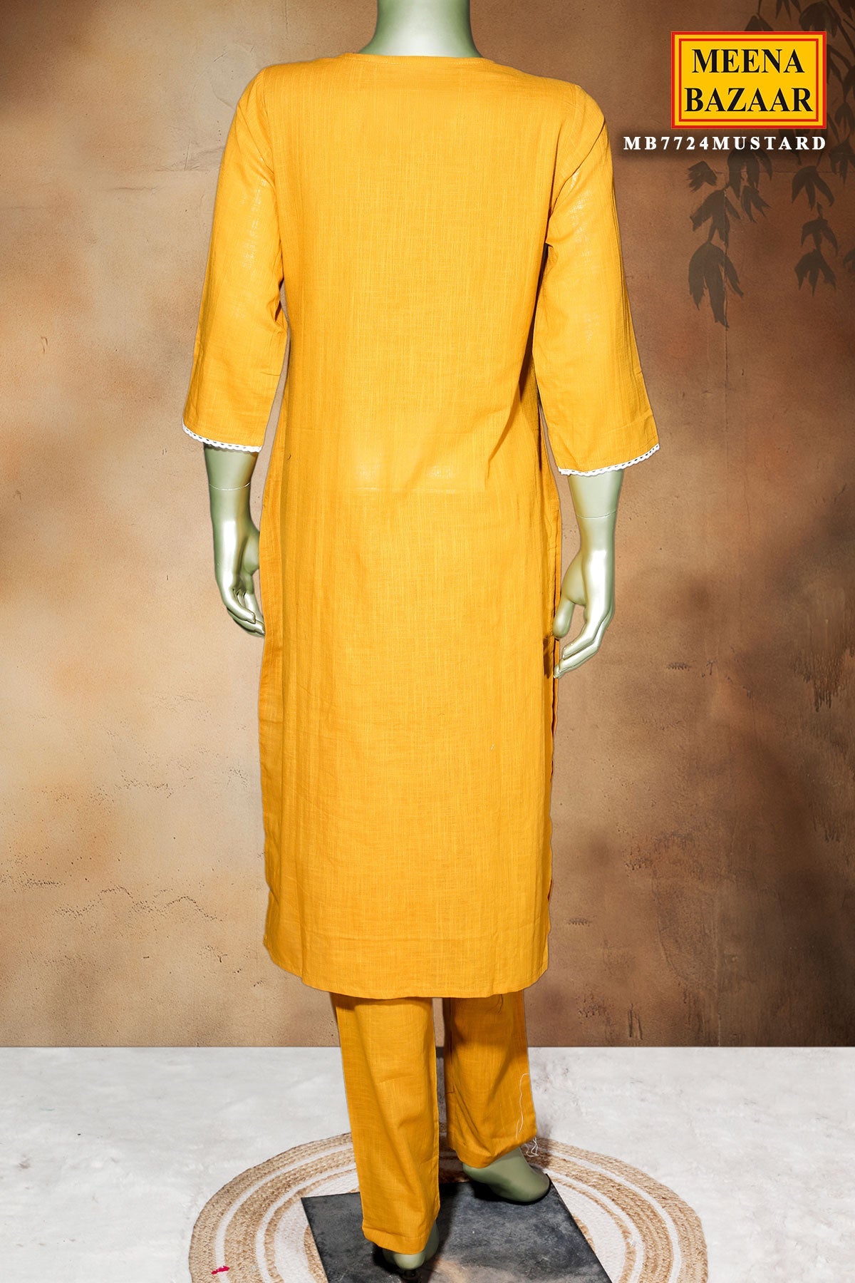 Mustard Cotton Ready-Made Suit with Elegant Neck Embroidery
