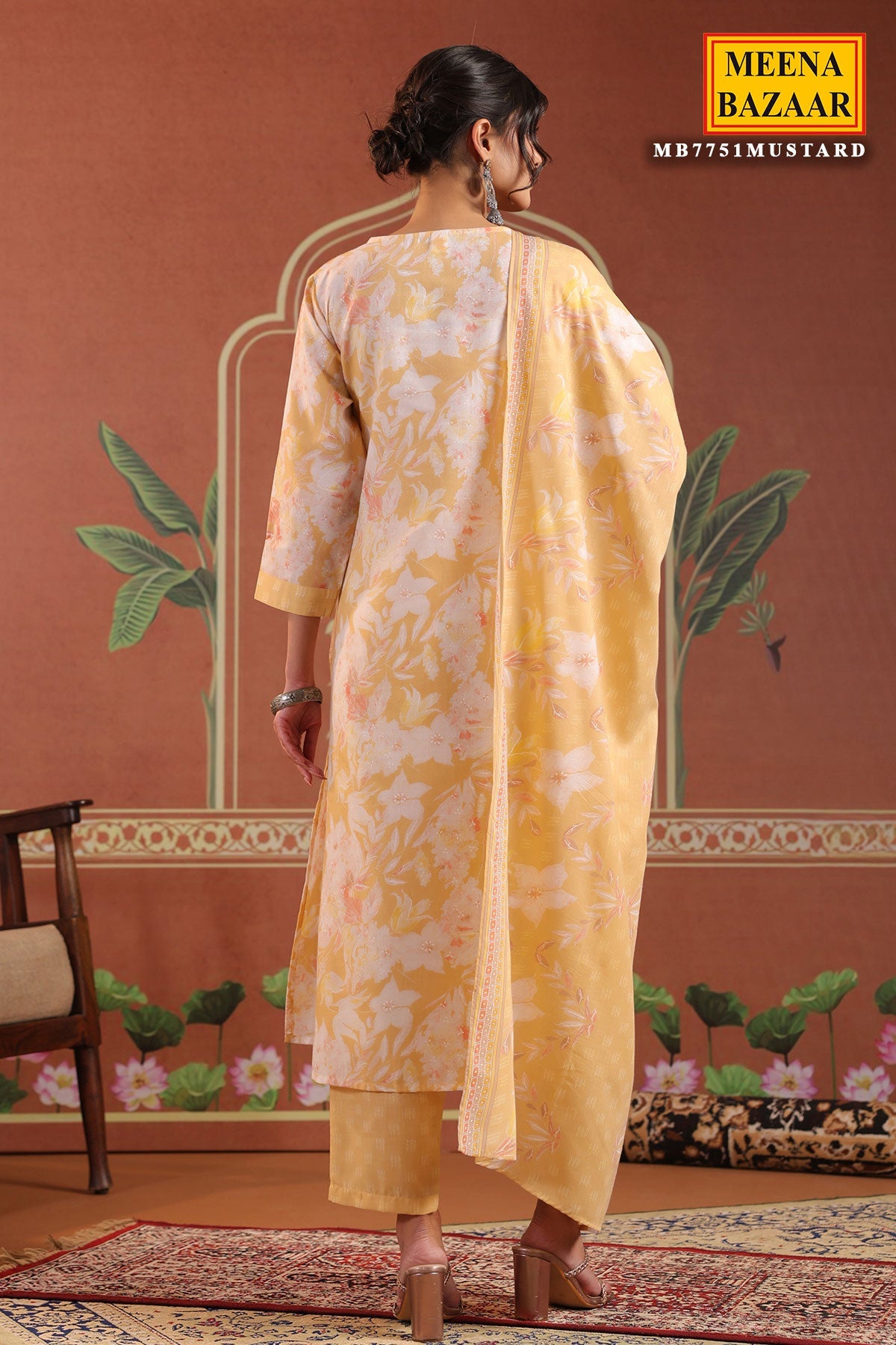 Mustard Cotton Ready made Suit Set with Embroidered Neck