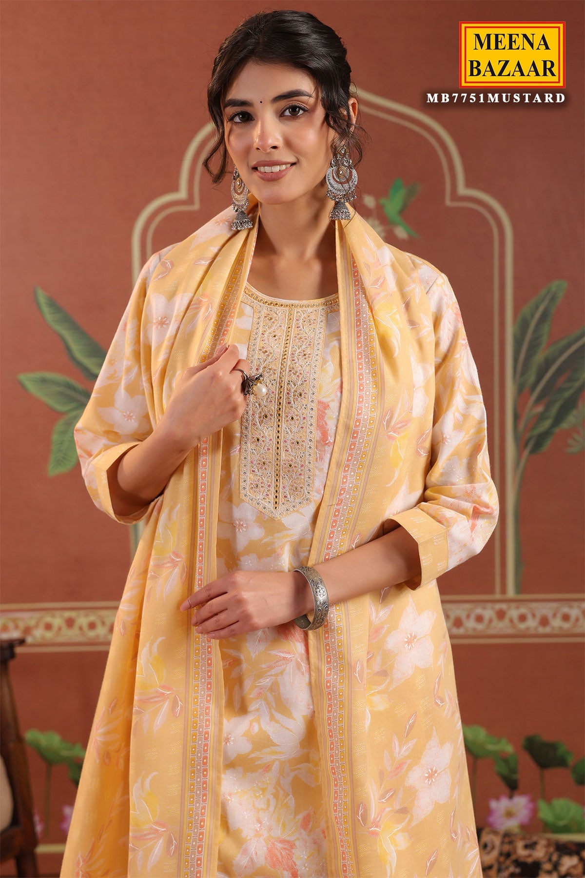 Mustard Cotton Ready made Suit Set with Embroidered Neck
