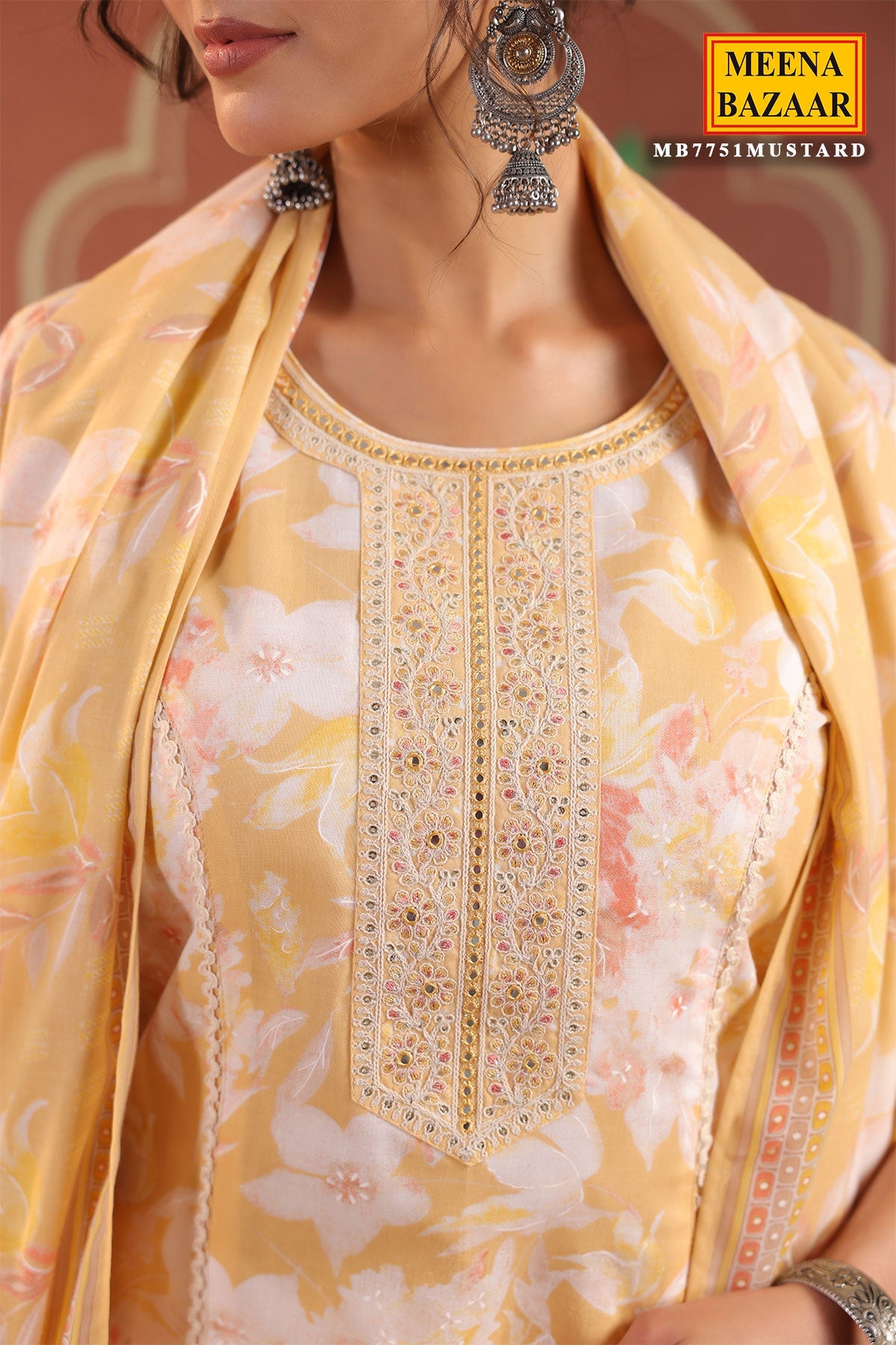 Mustard Cotton Ready made Suit Set with Embroidered Neck