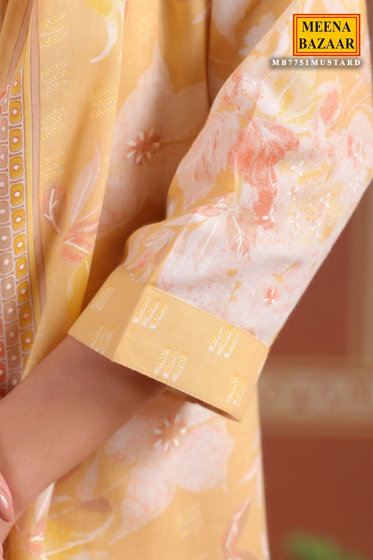Mustard Cotton Ready made Suit Set with Embroidered Neck
