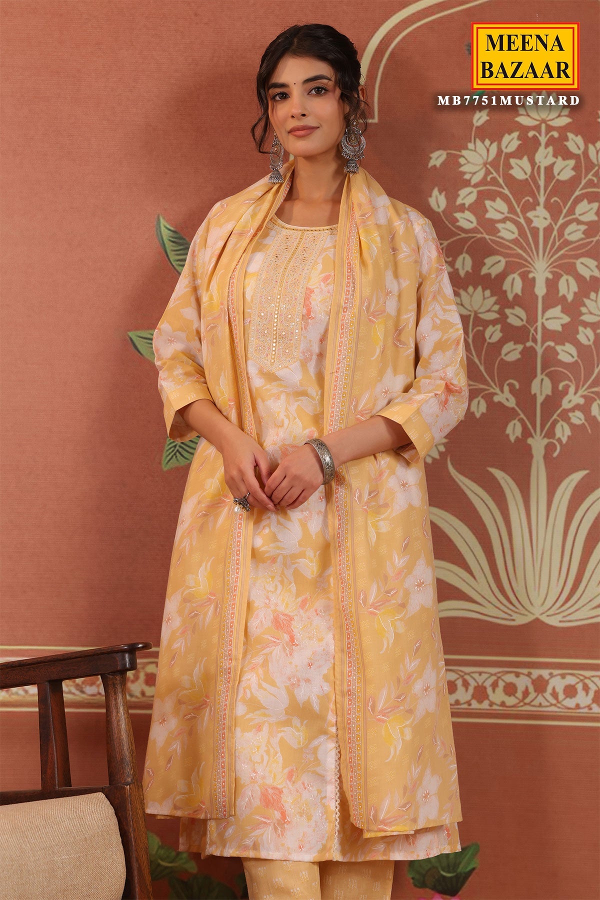 Mustard Cotton Ready made Suit Set with Embroidered Neck