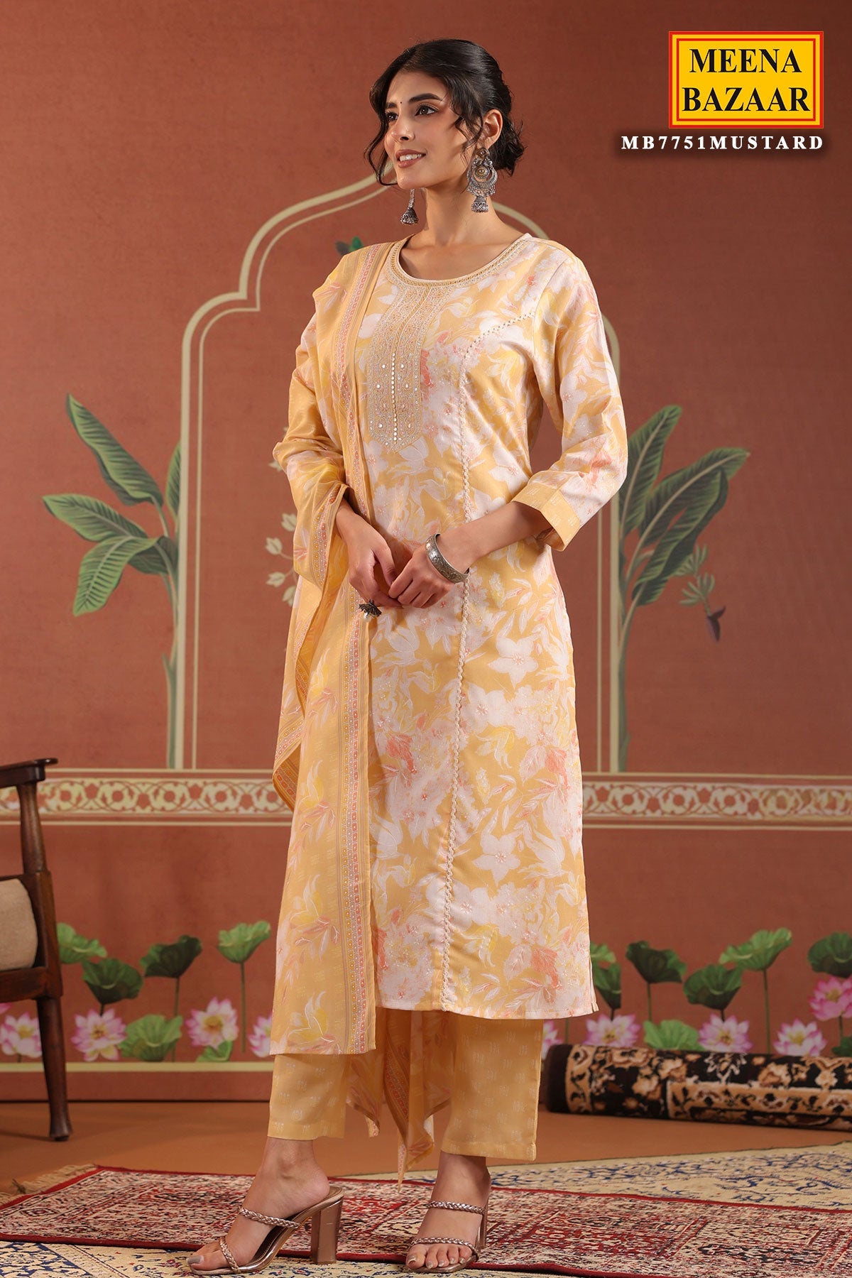 Mustard Cotton Ready made Suit Set with Embroidered Neck