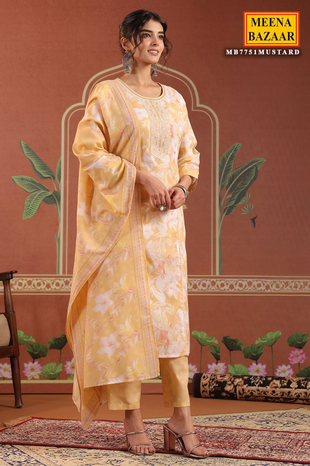 Mustard Cotton Ready made Suit Set with Embroidered Neck