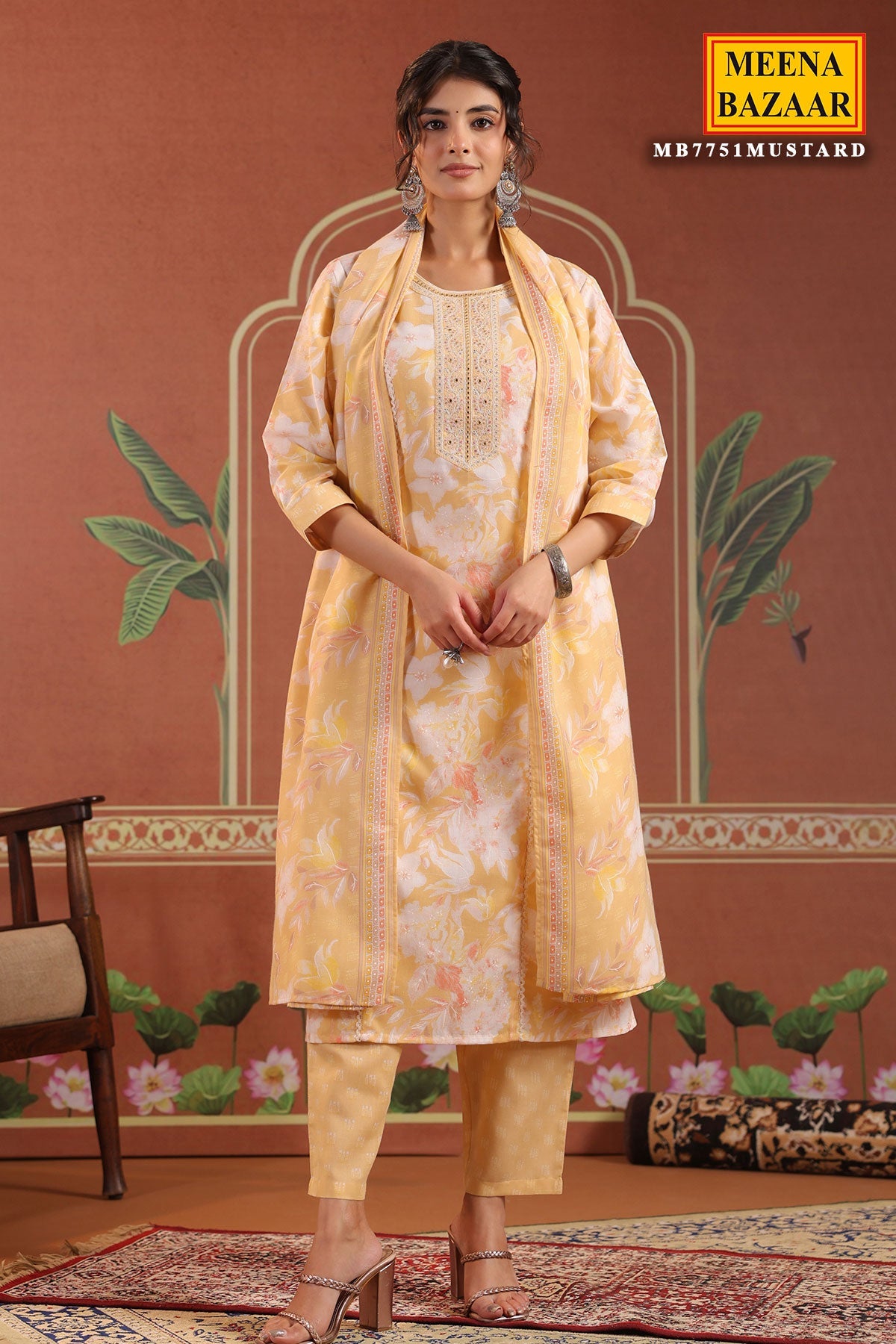 Mustard Cotton Ready made Suit Set with Embroidered Neck