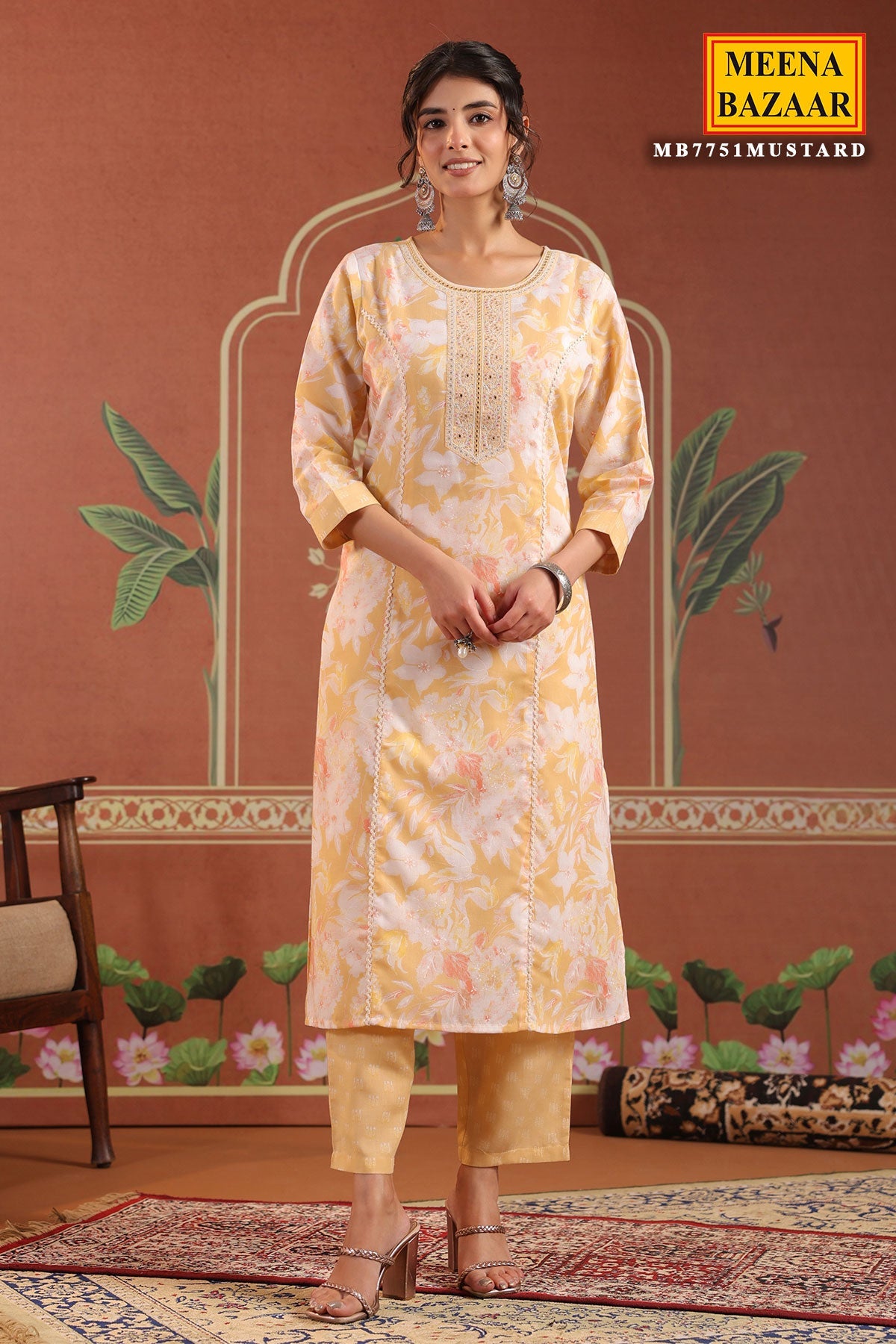 Mustard Cotton Ready made Suit Set with Embroidered Neck