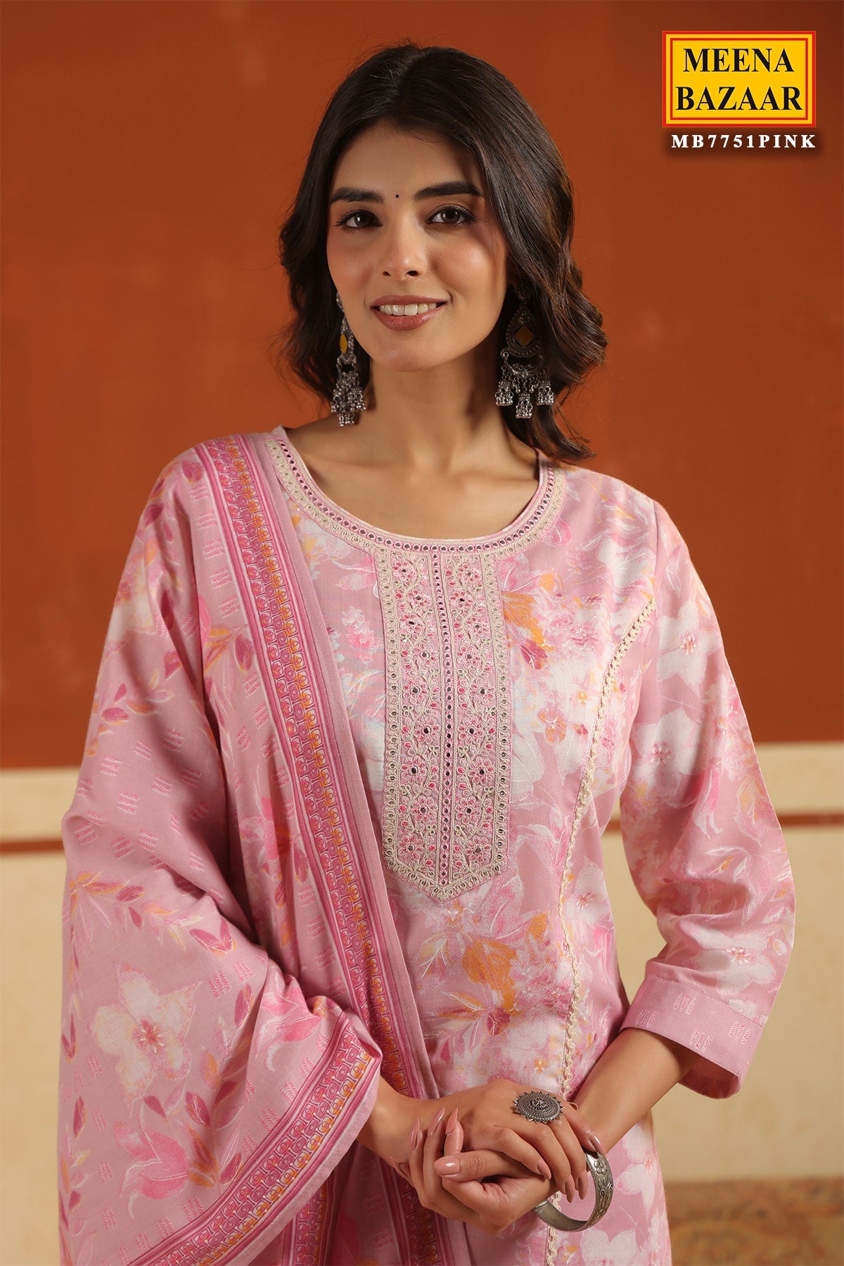 Pink Cotton Ready made Suit Set with Embroidered Neck