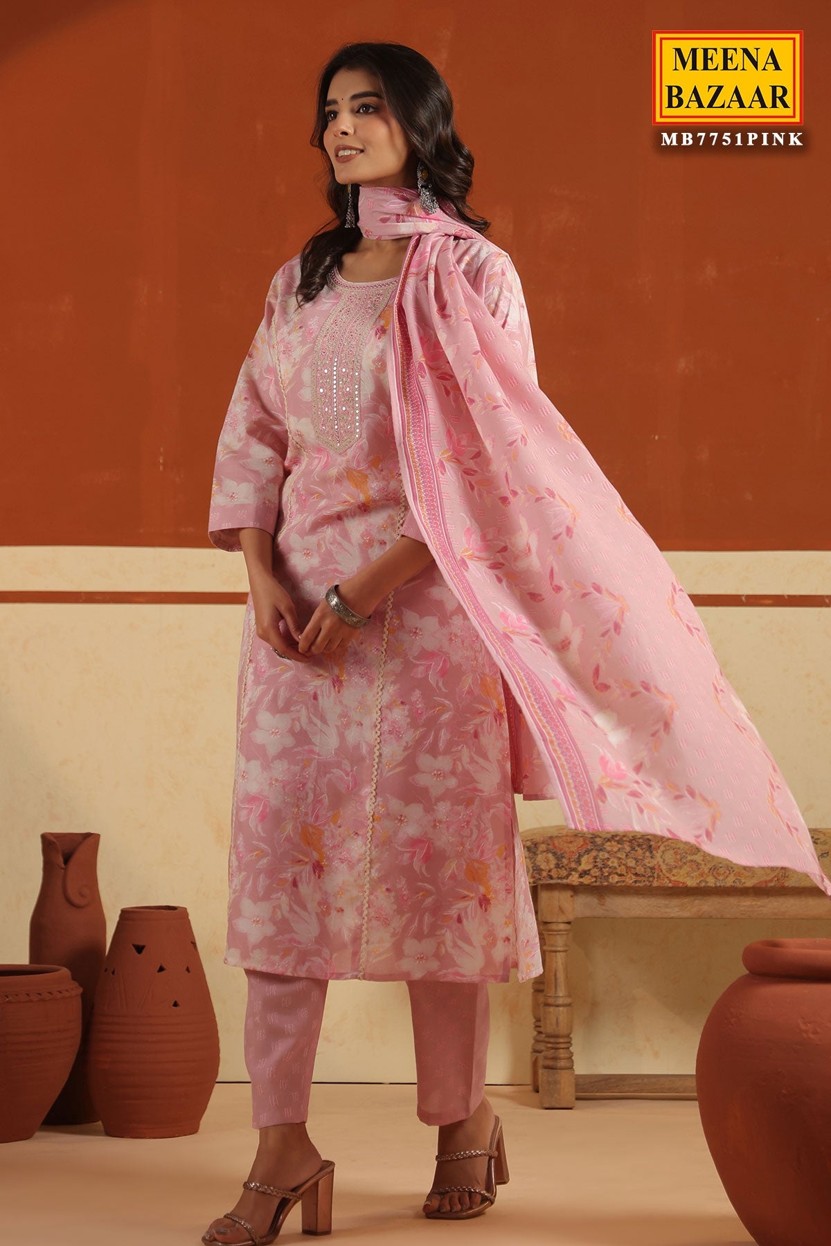 Pink Cotton Ready made Suit Set with Embroidered Neck