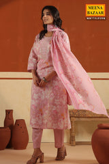 Pink Cotton Ready made Suit Set with Embroidered Neck