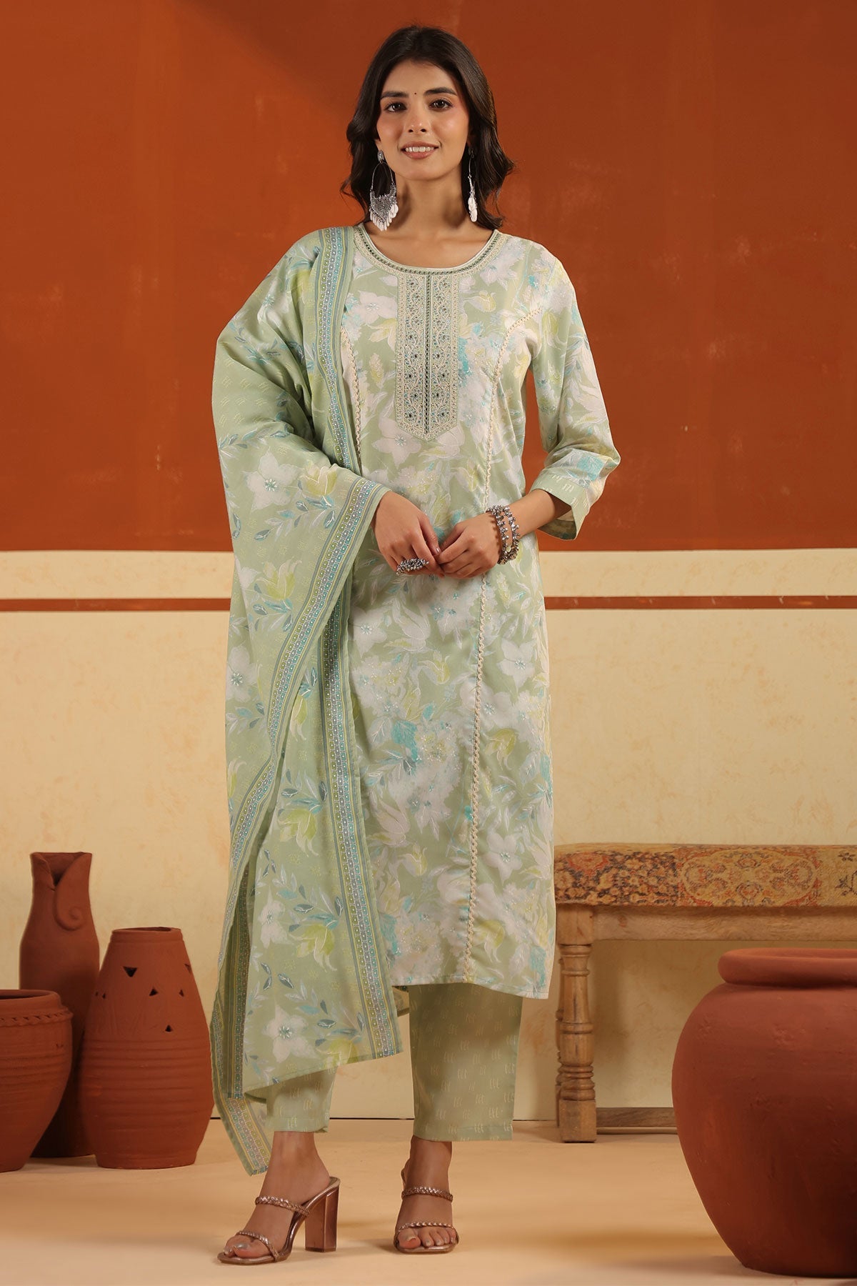Pista Cotton Ready Made Suit with Elegant Neck Detailing