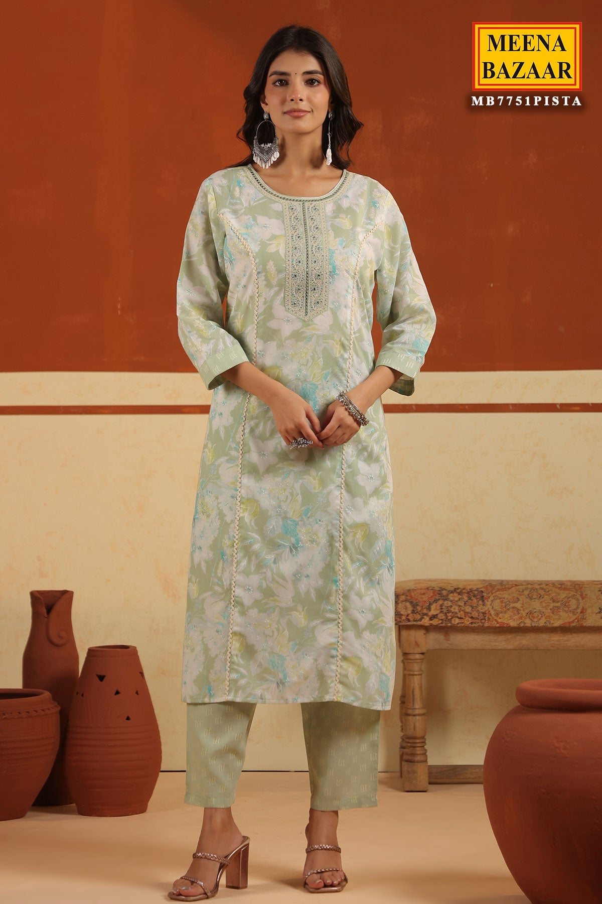 Pista Cotton Ready Made Suit with Elegant Neck Detailing