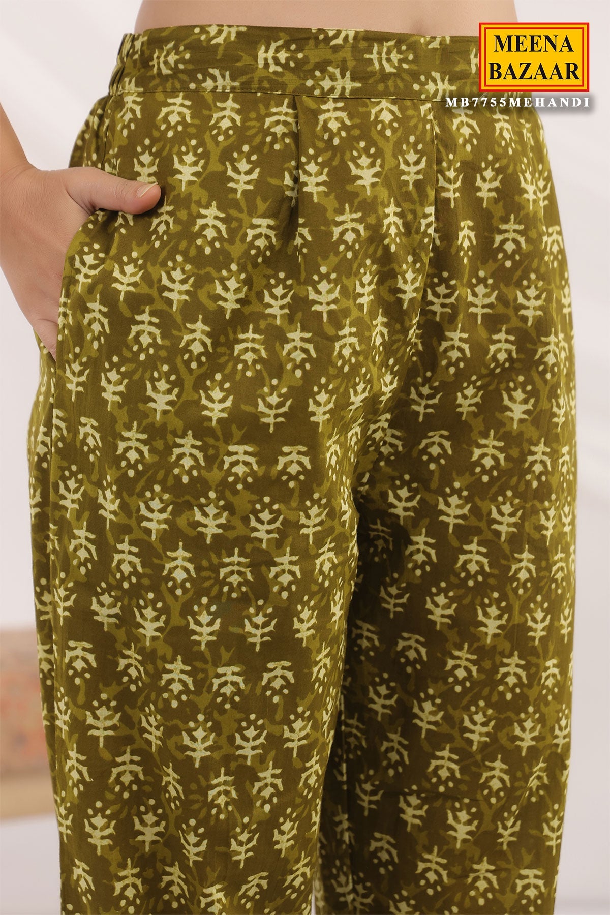 Mehandi Cotton Ready made Suit with Embroidered Neck
