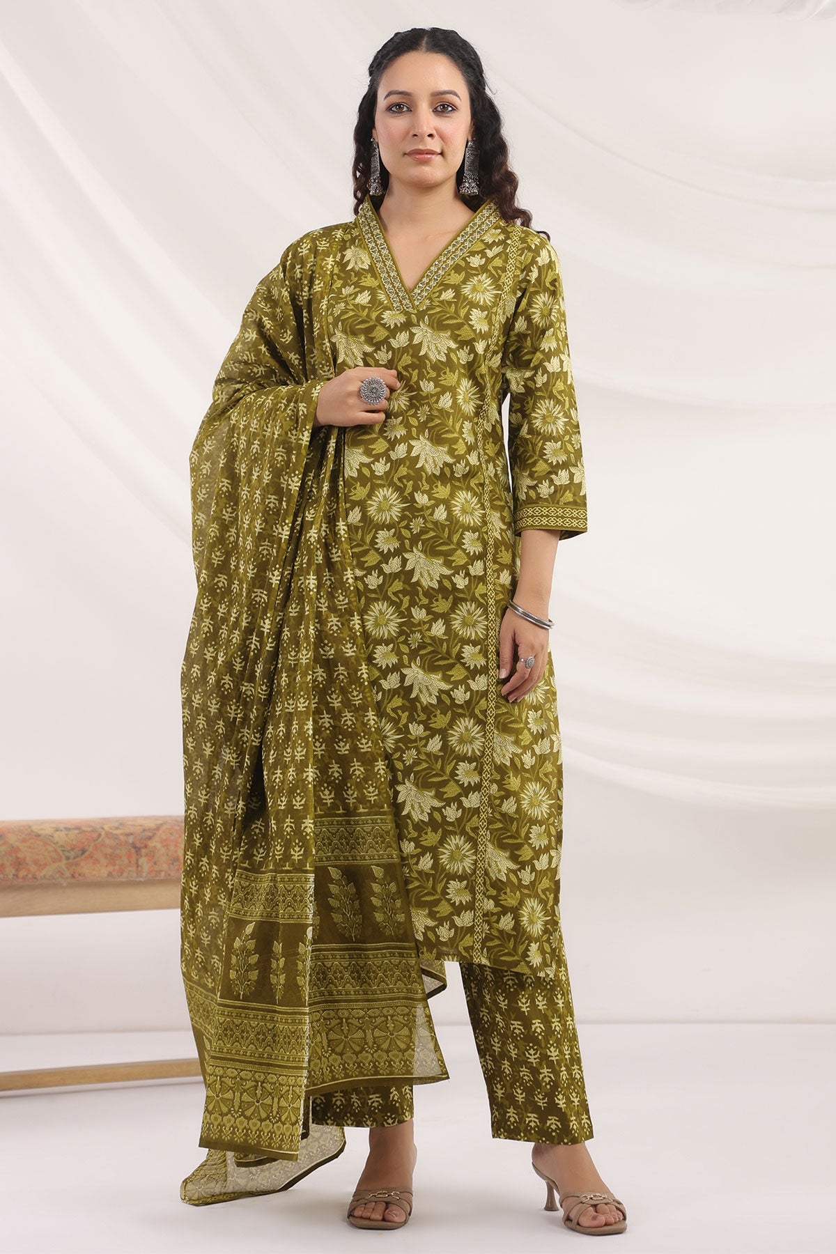 Mehandi Cotton Ready made Suit with Embroidered Neck