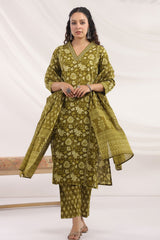 Mehandi Cotton Ready made Suit with Embroidered Neck
