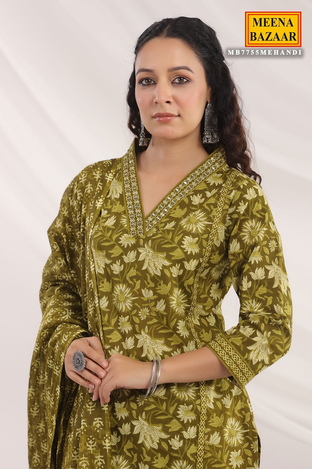 Mehandi Cotton Ready made Suit with Embroidered Neck