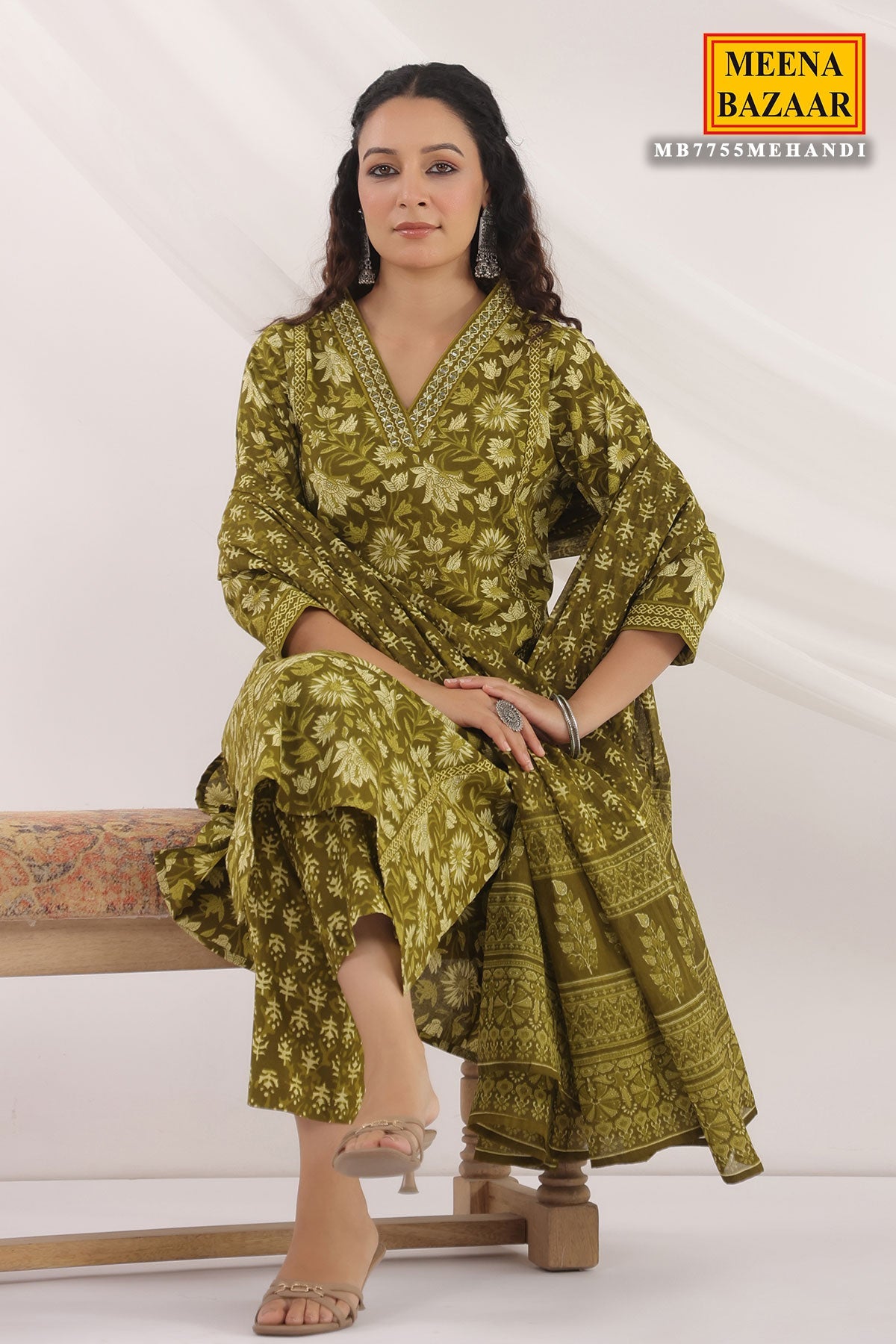 Mehandi Cotton Ready made Suit with Embroidered Neck