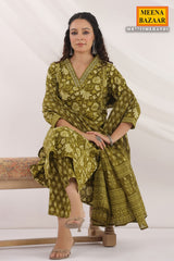 Mehandi Cotton Ready made Suit with Embroidered Neck