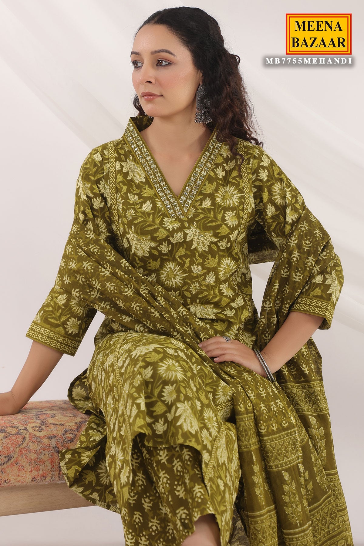 Mehandi Cotton Ready made Suit with Embroidered Neck