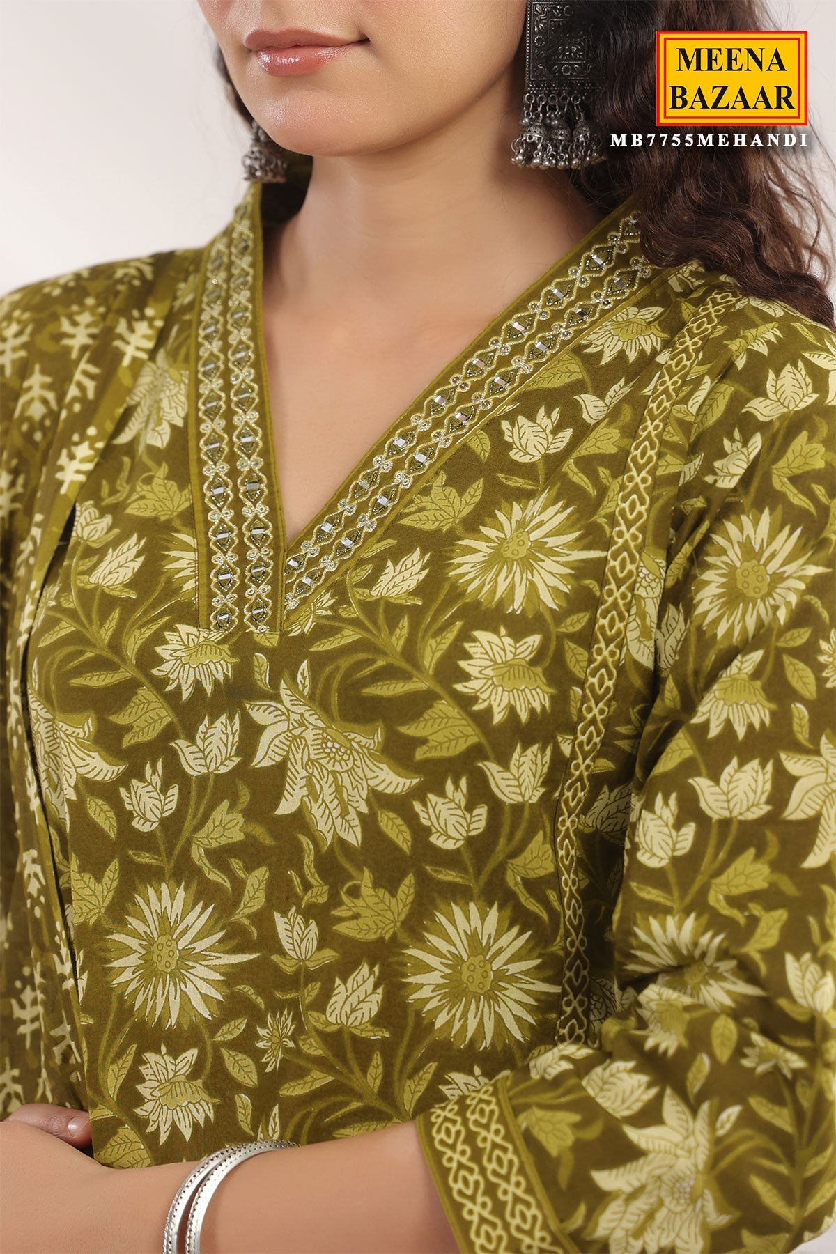 Mehandi Cotton Ready made Suit with Embroidered Neck