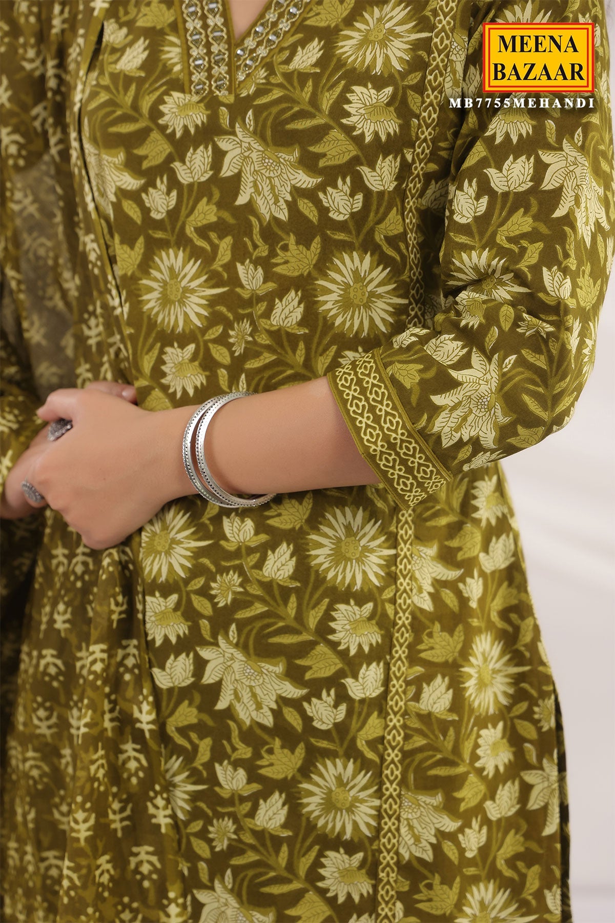 Mehandi Cotton Ready made Suit with Embroidered Neck