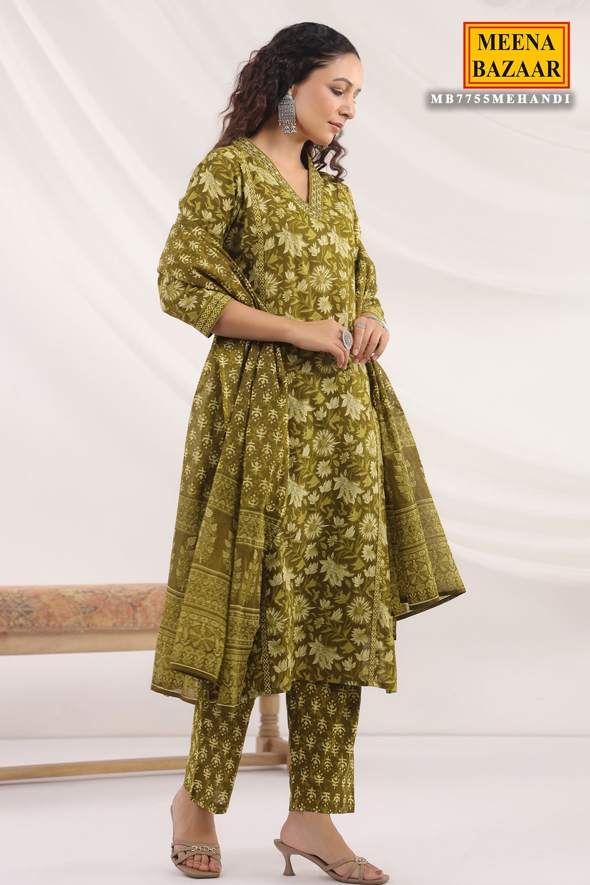 Mehandi Cotton Ready made Suit with Embroidered Neck