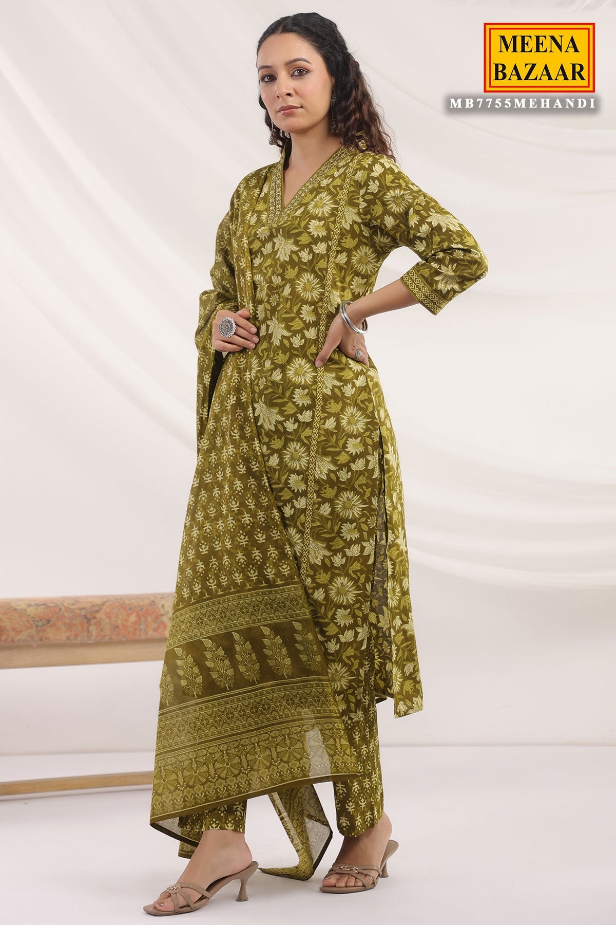 Mehandi Cotton Ready made Suit with Embroidered Neck