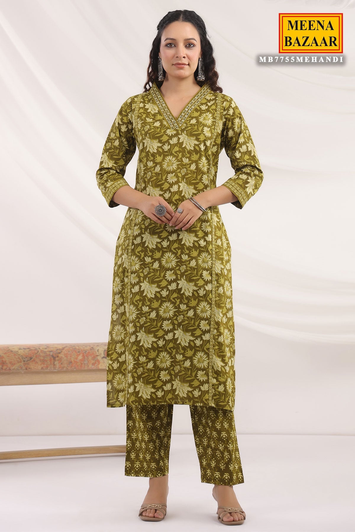 Mehandi Cotton Ready made Suit with Embroidered Neck
