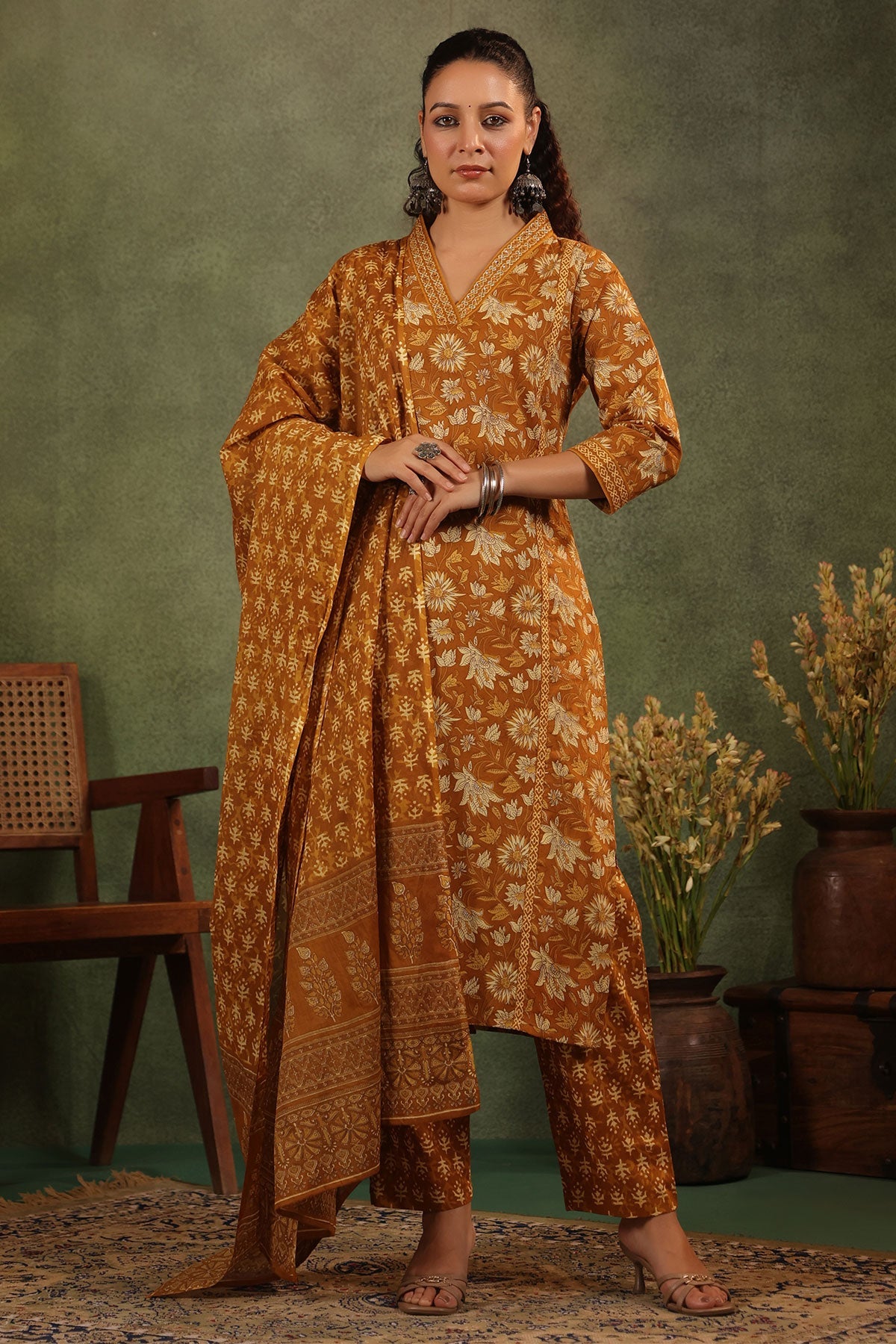 Mustard Cotton Ready-made Suit with Embroidered Neck