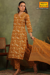 Mustard Cotton Ready-made Suit with Embroidered Neck