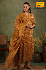 Mustard Cotton Ready-made Suit with Embroidered Neck
