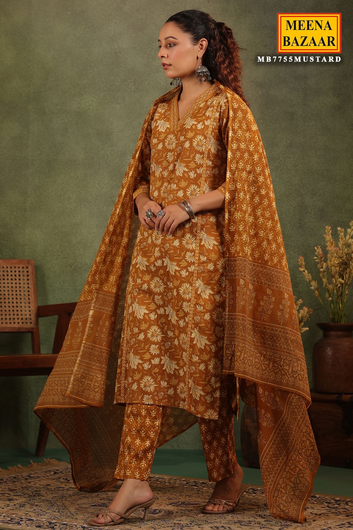 Mustard Cotton Ready-made Suit with Embroidered Neck