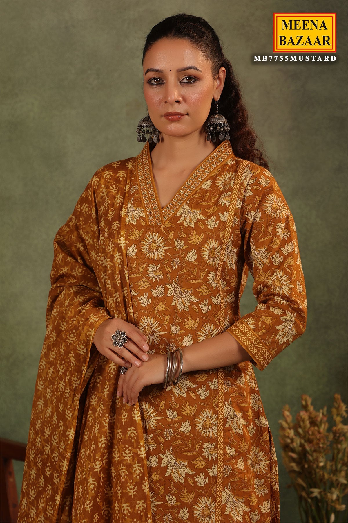 Mustard Cotton Ready-made Suit with Embroidered Neck