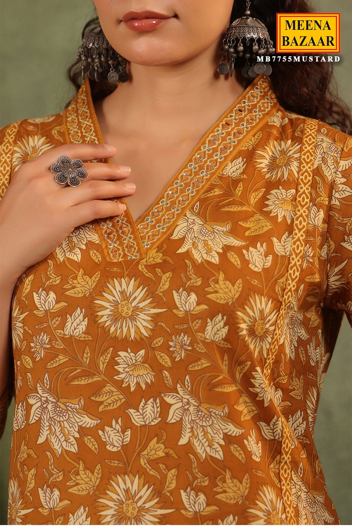 Mustard Cotton Ready-made Suit with Embroidered Neck