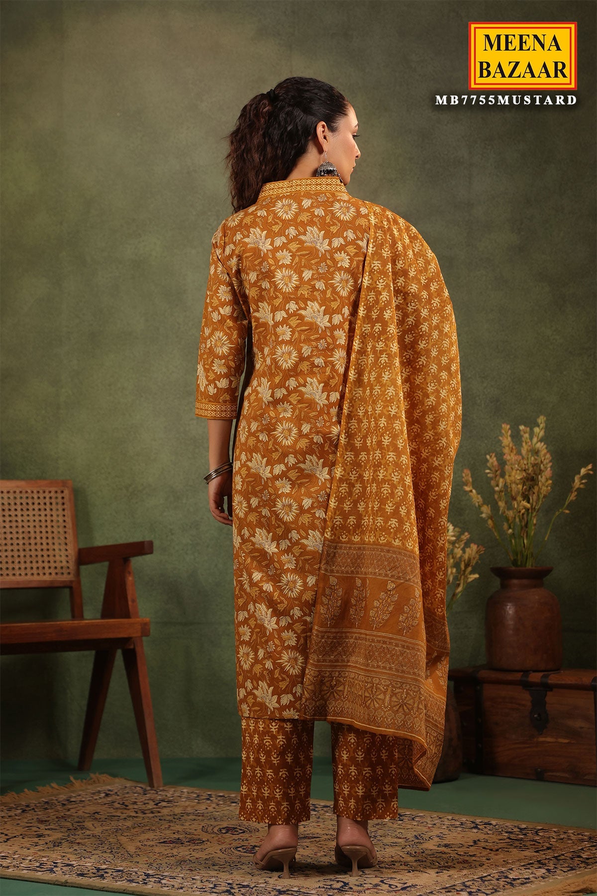 Mustard Cotton Ready-made Suit with Embroidered Neck