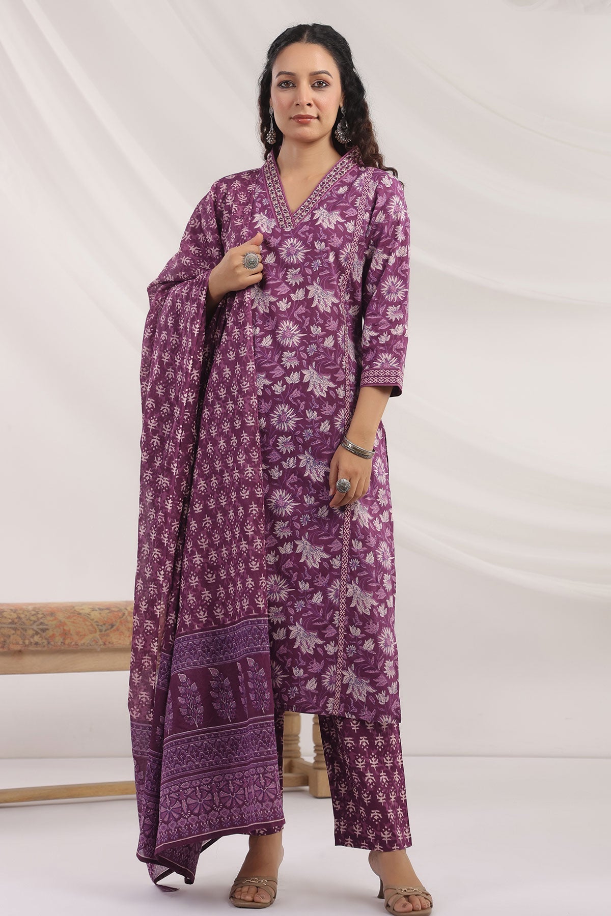 Purple Cotton Ready made Suit with Embroidered Neck