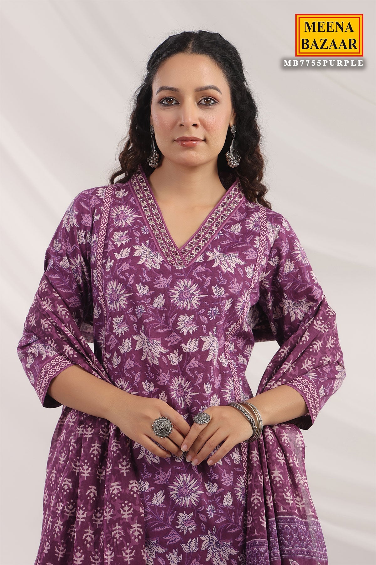 Purple Cotton Ready made Suit with Embroidered Neck