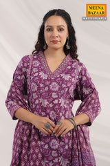 Purple Cotton Ready made Suit with Embroidered Neck