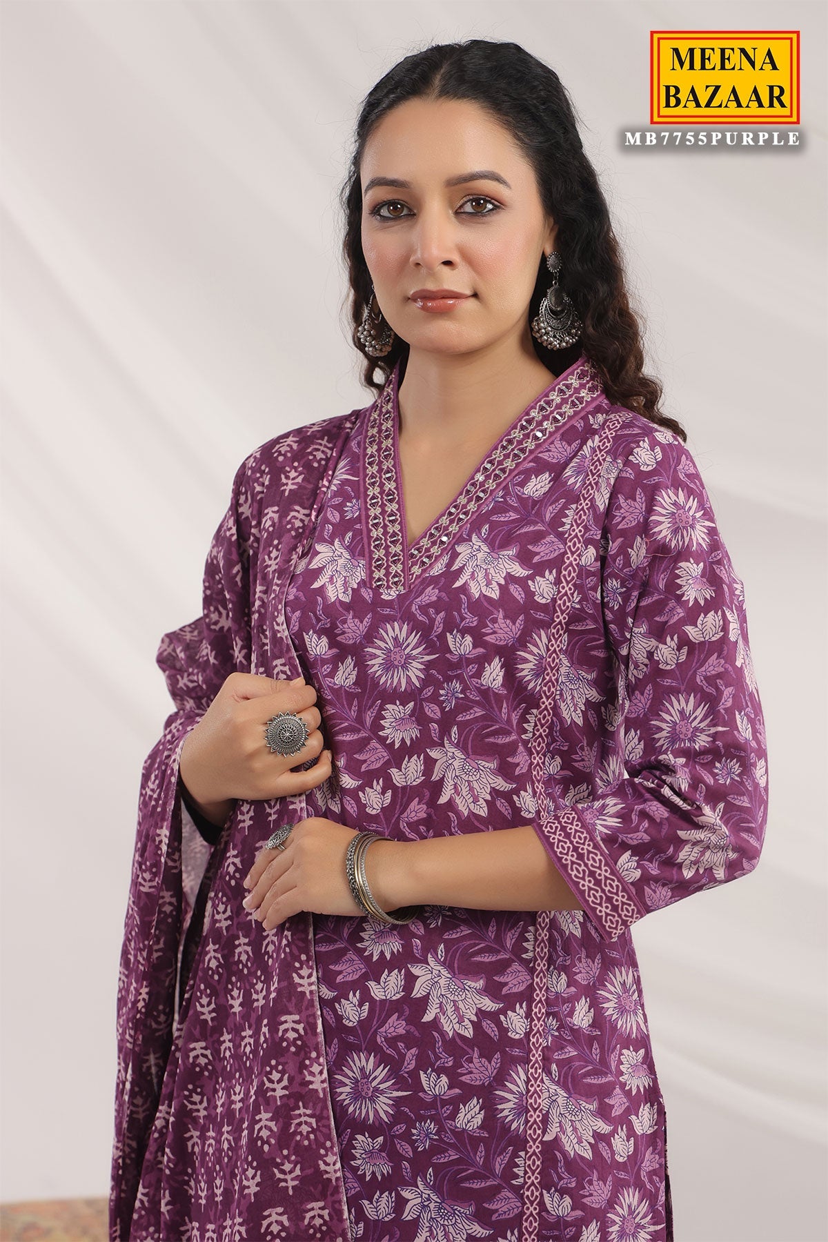 Purple Cotton Ready made Suit with Embroidered Neck