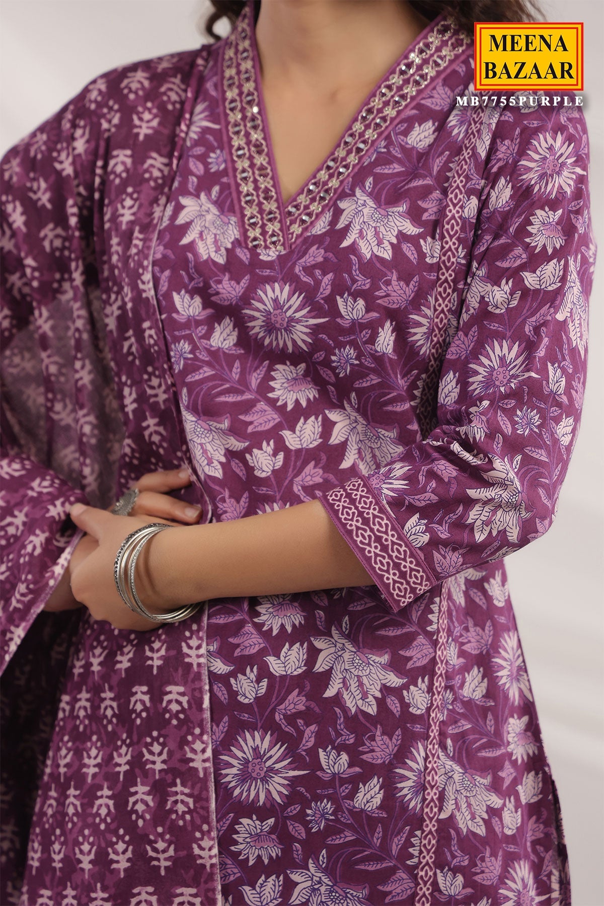 Purple Cotton Ready made Suit with Embroidered Neck
