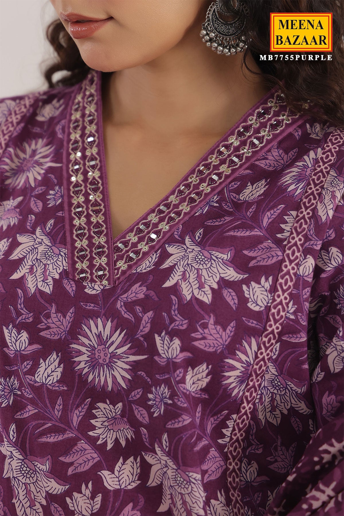 Purple Cotton Ready made Suit with Embroidered Neck