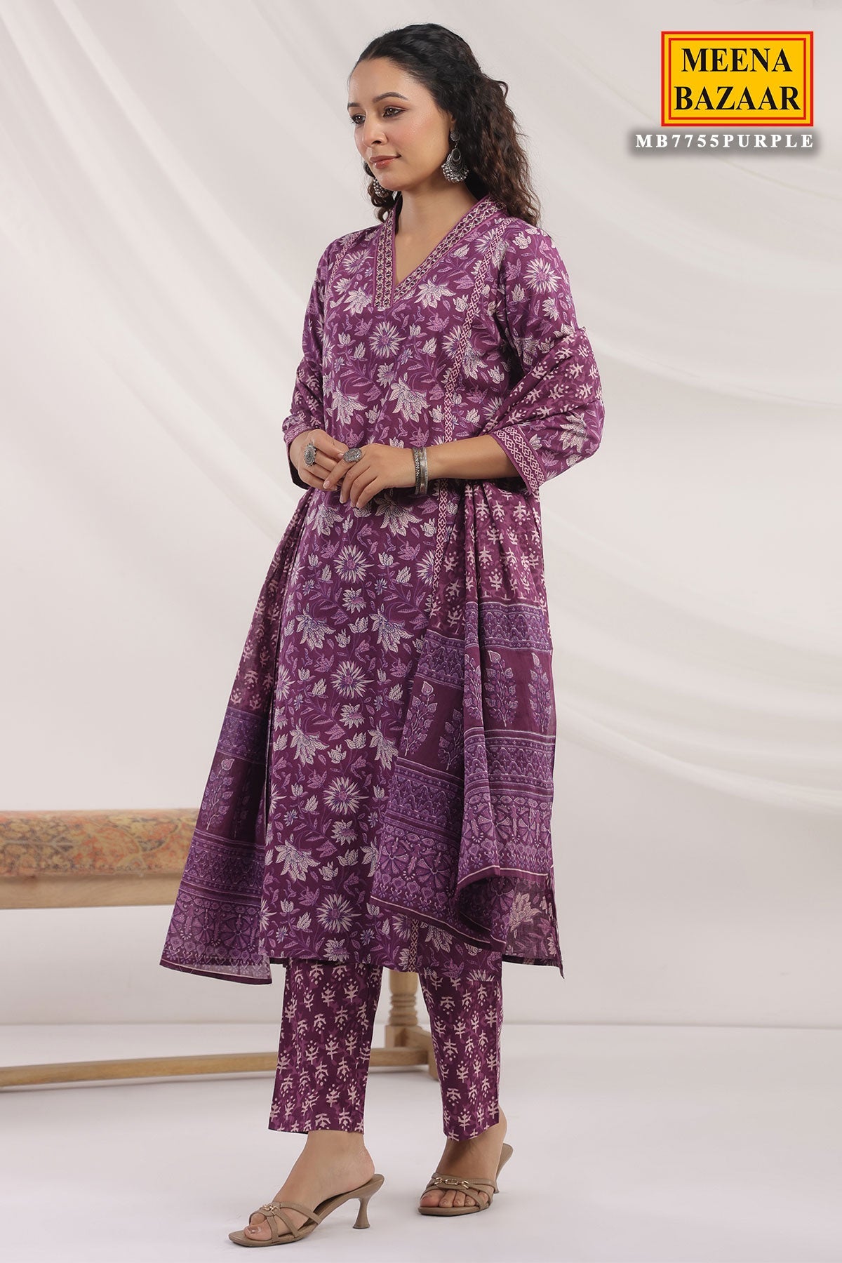 Purple Cotton Ready made Suit with Embroidered Neck