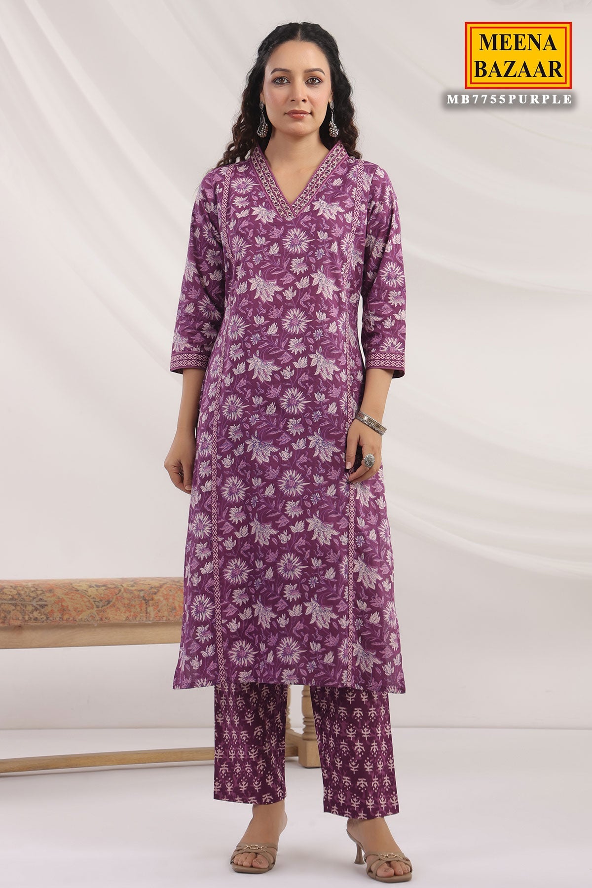 Purple Cotton Ready made Suit with Embroidered Neck