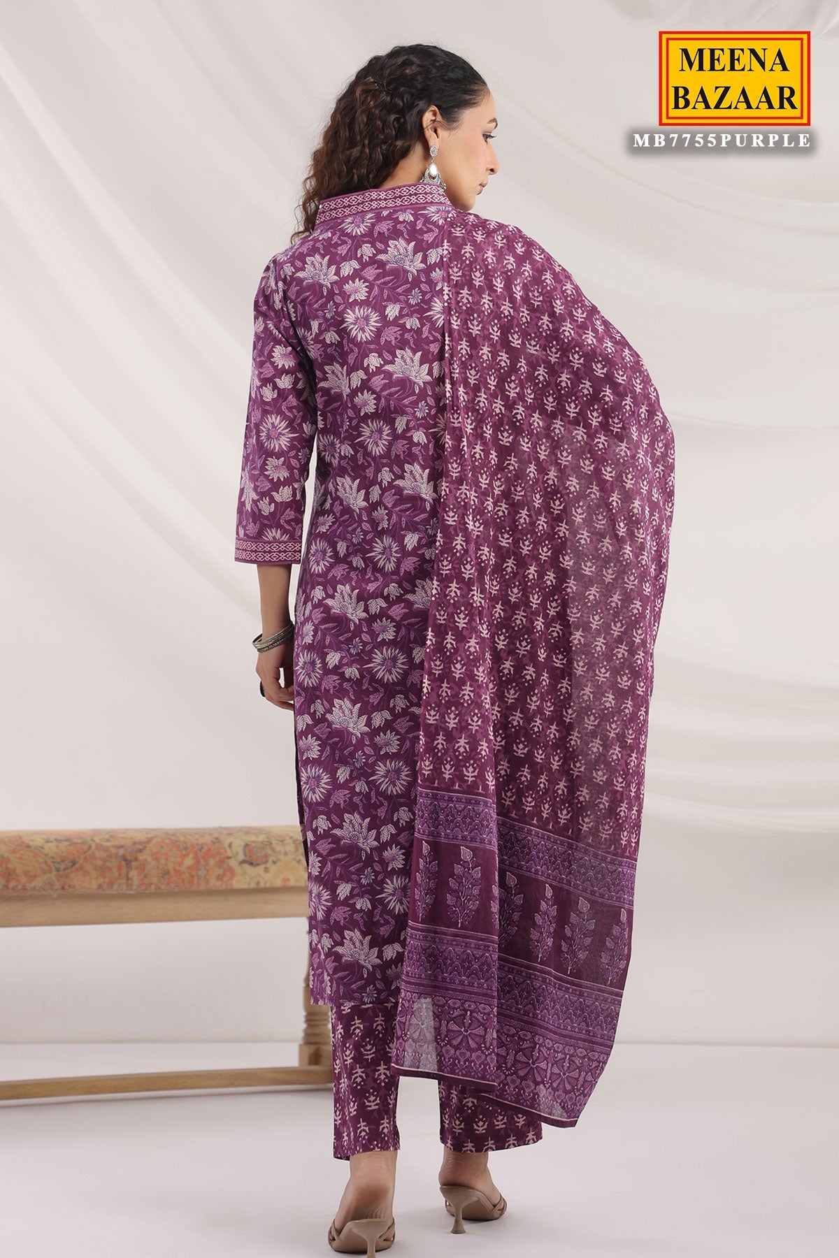 Purple Cotton Ready made Suit with Embroidered Neck
