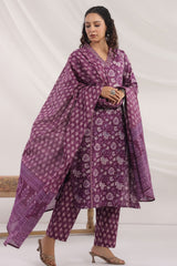 Purple Cotton Ready made Suit with Embroidered Neck